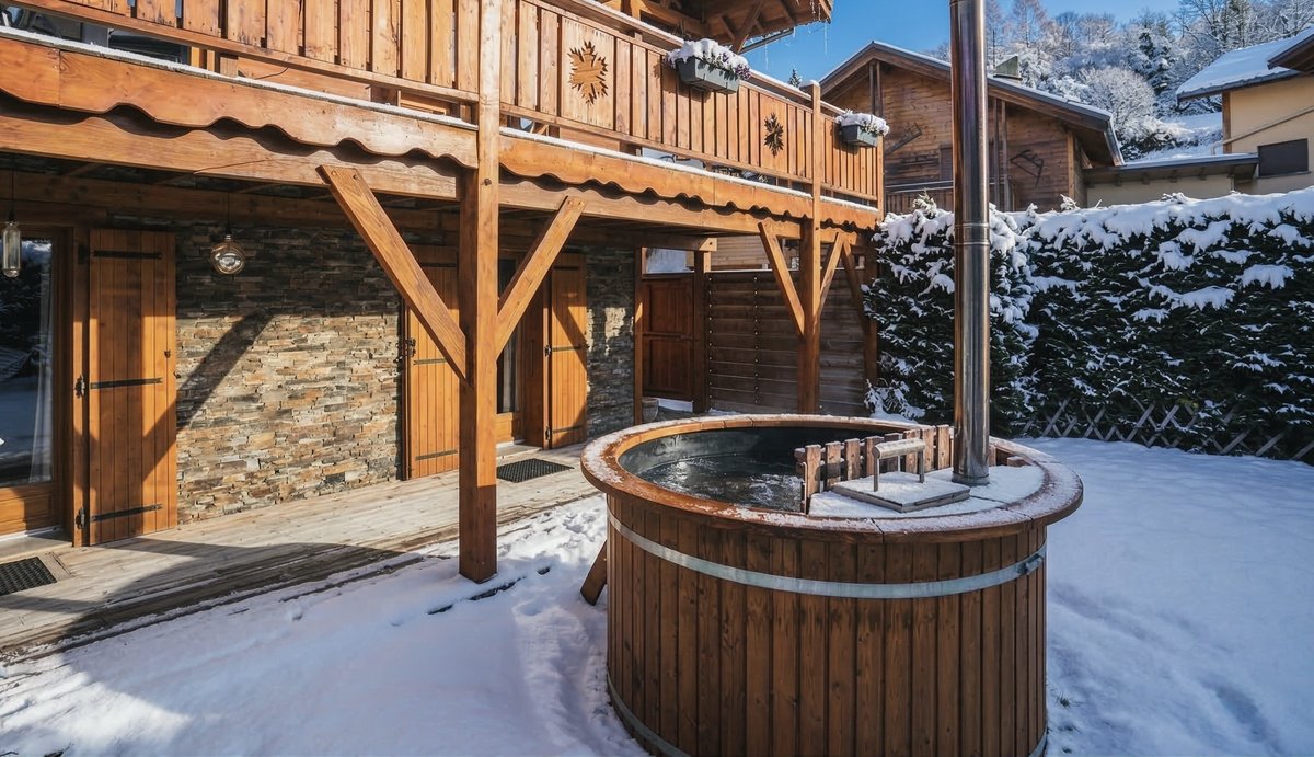 Bain norvégien en extérieur au pied du Chalet Datcha, à Briançon
